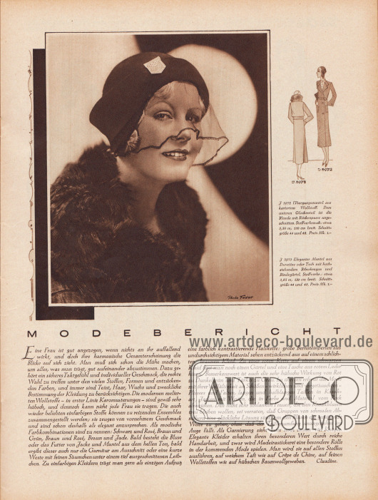 Artikel:
Claudine, Modebericht.
Oberhalb des Textes wird eine großformatige Fotografie einer eleganten Dame mit stirnfreier Kappe mit umgeschlagener Krempe und feinem, halb ins Gesicht fallendem Schleier gezeigt. Den Hut ziert eine Metallbrosche. Sie trägt einen Mantel mit flauschigem Pelzkragen und schaut dabei leicht lächelnd in die Kamera. Rechts befinden sich die Erläuterungen der Modelle auf der Titelseite sowie deren Rück- bzw. Vorderansichten.
Foto: Joel Feder, New York City (Lebensdaten unbekannt).