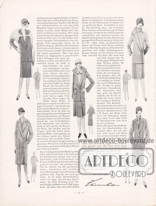 Artikel:
Henschke, Bruno, Die neue Mode für Frühjahr und Sommer 1929. Ein Modebrief.
Der Modeartikel wird hier flankiert und illustriert von geschneiderten Damenmänteln und Kostümen.
