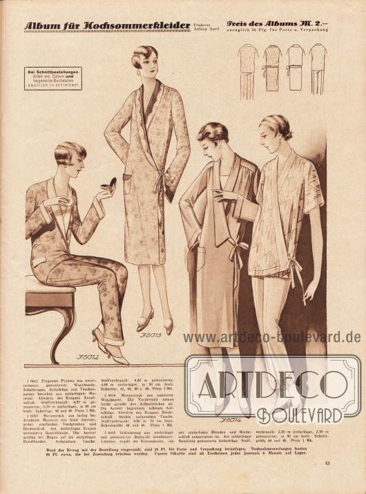 6012: Eleganter Pyjama aus naturfarbener, gemusterter Waschseide. Schalkragen, Aufschläge und Taschenpatten bestehen aus einfarbigem Material. Abwärts des Kragens Knopfschluß.
6013: Morgenrock aus farbig bedrucktem Musselin mit breit übereinander greifenden Vorderteilen und Bindeschluß. Am einfarbigen Kragen gemusterte Bogenblende. Die Ärmel greifen mit Bogen auf die einfarbigen Randblenden. Aufgesetzte Tasche.
6014: Morgenrock aus neurotem Waschsamt. Die Vorderteile setzen leicht gereiht den Achselstücken an. Die Ärmel begrenzen schmale Aufschläge. Abwärts des Kragens Bindeschluß. Rechts aufgesetzte Tasche.
6015: Schlafanzug aus einfarbiger und gemusterter Rohseide kombiniert. Letztere ergibt die Kimonojacke, die mit einfarbigen Blenden und Bindeschluß ausgestattet ist. Am einfarbigen Beinkleid gemusterte Aufschläge.