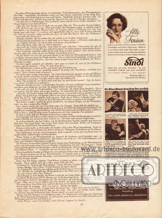 Artikel:
O. V., Die Würstchenbude.
Werbung:
Sindi Schmerztabletten;
Roberts Nurblond, das Spezial-Shampoo für Blondinen;
Sebalds Gesichtswasser, Joh. Andre Sebald AG, Hildesheim.