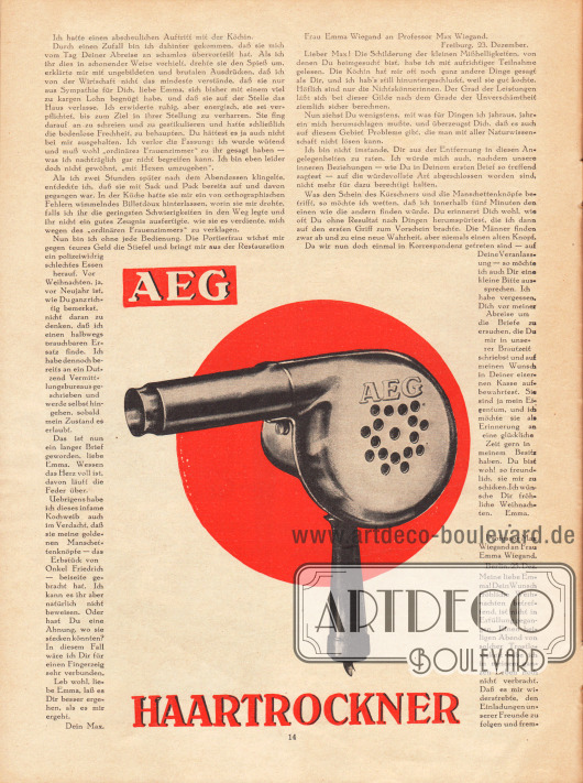 Artikel:
Fulda, Ludwig, Der Pelz beim Kürschner.
Werbung:
Haartrockner, AEG.