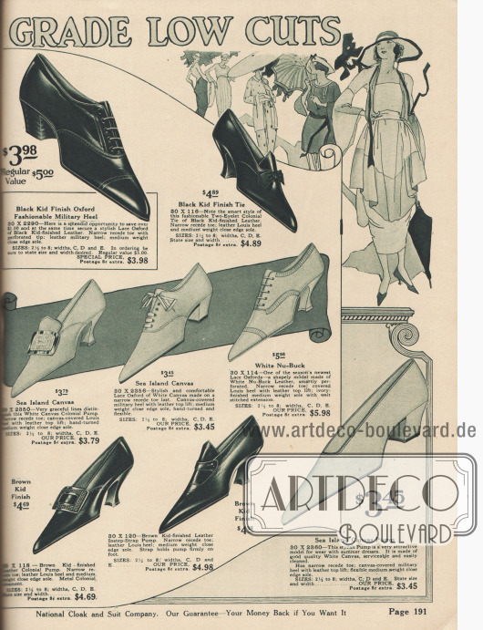 Doppelseite mit Pumps und Oxfords für die modebewusste Dame. Charakteristisch für die Damenschuhe der ausgehenden 10er und frühen 20er Jahre sind sehr spitze Kappen und relativ niedrige Militär- und geschwungene Louis XV Absätze. Kleine Schleifen und Schnallen sind modische Accessoires.