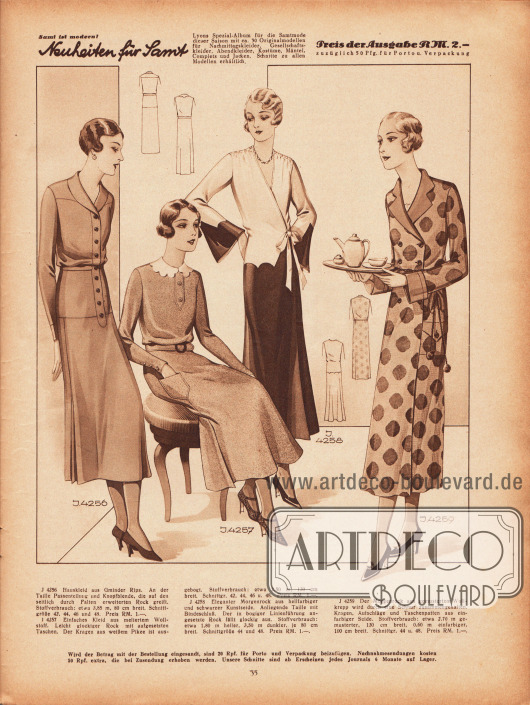 4256: Hauskleid aus Gminder Rips. An der Taille Passenteilung und Knopfblende, die auf den seitlich durch Falten erweiterten Rock greift.
4257: Einfaches Kleid aus meliertem Wollstoff. Leicht glockiger Rock mit aufgesetzten Taschen. Der Kragen aus weißem Pikee ist ausgebogt.
4258: Eleganter Morgenrock aus hellfarbiger und schwarzer Kunstseide. Anliegende Taille mit Bindeschluß. Der in bogiger Linienführung angesetzte Rock fällt glockig aus.
4259: Der Morgenrock aus gemustertem Wollkrepp wird durch eine Schnur zusammengehalten. Kragen, Aufschläge und Taschenpatten aus einfarbiger Seide.