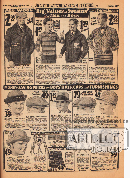 Oben ein Cardigan (Strickjacke) aus Wolle mit breitem Schalkragen und Taschen, ein Pullover und ein Cardigan aus Wollgewebe und Woll-Baumwoll-Mischgewebe für Jungen zwischen 4 und 14 Jahren sowie ein Pullover mit V-Ausschnitt aus Baumwolle und Wolle für Männer.
Unten werden Hüte, Mützen, Sonnenhüte und eine Jockey-Kappe (Cap) aus Woll-Kaschmir, Wollfilz oder Baumwolle für Jungen angeboten. Außerdem werden für Jungen hier auch Hosenträger, ein Gürtel sowie ein Set bestehend aus drei Krawatten (Baumwolle und Rayon) für Jungen offeriert.