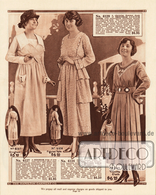 Günstige Sommerkleider aus kariertem Gingham-, gemustertem Schleier und Trouville Leinenstoff. Das erste Modell hat aufgearbeitete Taschen und eine schalartig zusammengeführte Brustpartie. Es folgt ein Kleid mit stufigen Seiten und ein Modell mit tief eingearbeiteten Pliseefalten.