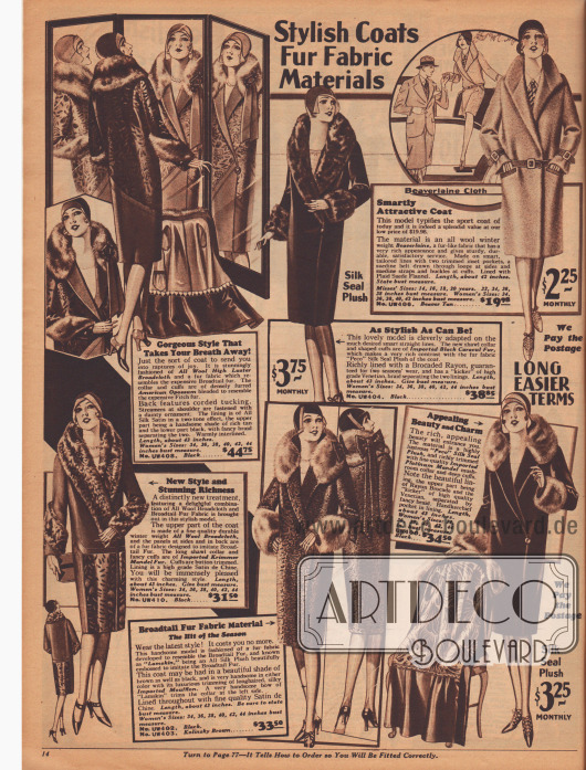 „Modische Mäntel – Pelzähnlichen Stoffe“ (engl. „Stylish Coats – Fur Fabric Materials“).
Damenmäntel für den Winter aus pelzähnlichen Stoffen, Wollstoffen sowie echten Pelzverbrämungen, die teure Pelze imitieren. Die Mäntel sind aus hochglänzendem Breitgewebe (ähnlich Breitschwanz/Persianer) mit amerikanischem Opossum verbrämt, „Beaverlaine“ (biberähnlichem Wollstoff), „Peco“ Seiden-Plüsch mit importiertem, schwarzem Karakulfell oder platinfarbenem „Mandel fur“ (chinesisches Schaf) sowie importierter Mufflon-Wolle.
Tiefgehende Schalkragen und breite, pelzverbrämte Ärmelstulpen sind modern. Unten rechts ein Mantel mit buntem Futterstoff aus Brokat.