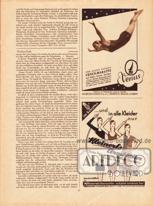 Artikel:
O. V., Zur Reise und Erholung;
Erich, H., Wochen-Ende.
Werbung:
Venus-Maratti-Badeanzüge, Sigmund Goeritz A.G., Chemnitz, Berlin, Lübben;
Kleinerts Armblätter, Kleinerts Verkaufsdirektion, Berlin W 8, Friedrichstrasse 60.