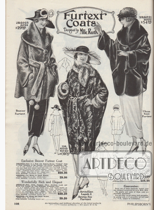 „Kunstfellmäntel – Designt von Mlle Ruth“ (engl. „Furtext Coats – Designed by Mlle. Ruth“).
Wintermäntel und Kurzmäntel bzw. Jacken aus „faux fur“, also Kunstpelz (Pelzimitat). Die Webpelze sind Biberfell, „arkadischem“ Lamm kombiniert mit arktischem Fuchsfell oder Robben- bzw. Seehundfell nachempfunden.
Der erste Mantel zeigt einen schulterbreiten Schalkragen, sturmverstärkte Glockenärmel sowie einen Pelzgürtel mit Pelzpompons und ist mit bunt gemustertem Futter aus Satin ausgestattet. Der Pelzmantel in der Mitte besitzt einen bauschigen Rücken, dessen Weite durch einen breiten, glatten Saum eingefangen wird. Ärmelaufschläge und hoher Manschettenschal aus hellem Webpelz. Ebenso wie das erste Modell zeigt der dritte Mantel einen breiten Schalkragen und weite Ärmel. Der Saum ist bogig gearbeitet.
