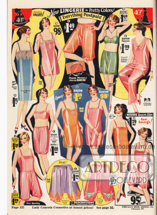 Damenunterwäsche aus Rayon in pink, orange, blau, lila und grün. Knielange Unterhemden, einteilige Hemdhöschen, Pumphöschen, Bustiers mit kombiniertem Höschen oder Pumphöschen und ein Pyjama.