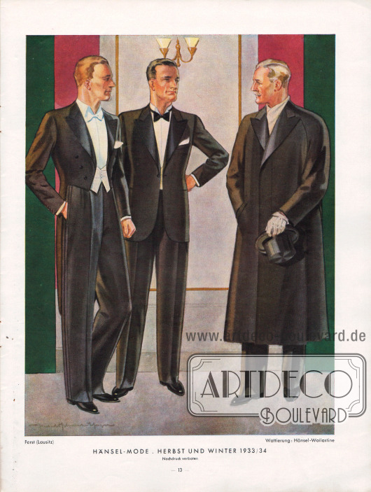 Elegante, schwarze Abendgarderobe für Herren und jüngere Männer. Links ein schwarzer Frack mit weißer, steifer Hemdbrust und weißer Weste, in der Mitte ein Smoking und rechts ein Abendmantel mit verdeckter Knopfleiste, seidenbesetztem Revers und Zylinder.
Obwohl Grau oder Braun für besondere Anlässe oder den Abend durchaus tragbar sind, ist Schwarz immer noch die bevorzugte, dominierende Farbe für Smoking und Frack. Der steife Vatermörderkragen wird in den 1930er Jahren immer noch für Smoking und Frack gern getragen.
Wattierung: Hänsel-Wollastine. Darstellung der Modelle im Gildenhaus von Forst (Lausitz).
Illustration/Zeichnung: Harald Schwerdtfeger (1888-1956).