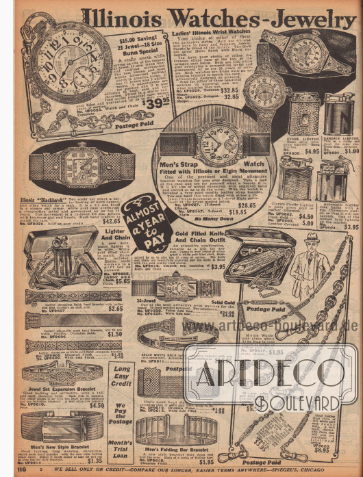 „Uhrenschmuckstücke aus Illinois“ (engl. „Illinois Watches-Jewelry“).
Goldene Taschenuhren, grazile Armbanduhren für Frauen, funktionale Armbanduhren für Männer, schicke Feuerzeuge, ein Feuerzeug mit Kette in einem feinen Schmuckkästchen, kunstvoll gearbeitete Armreife für Damen, Armbänder aus Metallgliedern sowie vergoldete Anzugketten zum Befestigen von Taschenuhren (hier engl. „Men’s Waldemar chain“).
Die teuren Armbanduhren sind aus Echtgold gefertigt und teilweise mit Schmucksteinen oder Edelsteinen versehen.