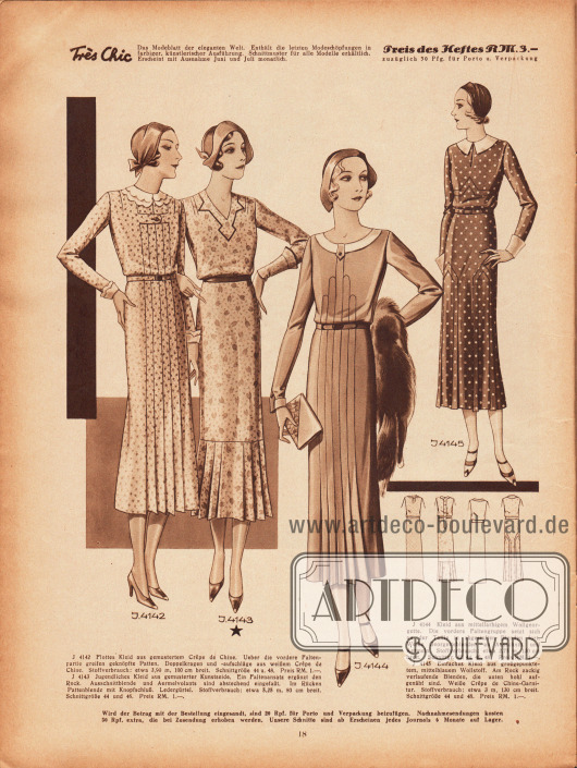 4142: Flottes Kleid aus gemustertem Crêpe de Chine. Über die vordere Faltenpartie greifen geknöpfte Patten. Doppelkragen und -aufschläge aus weißem Crêpe de Chine.
4143: Jugendliches Kleid aus gemusterter Kunstseide. Ein Faltenansatz ergänzt den Rock. Ausschnittblende und Ärmelvolants sind abstechend eingefaßt. Im Rücken Pattenblende mit Knopfschluß. Ledergürtel.
4144: Kleid aus mittelfarbigem Wollgeorgette. Die vordere Faltengruppe setzt sich an der Taille in abgestuften Blenden fort. Weiße Georgetteblende an Ausschnitt und Ärmeln.
4145: Einfaches Kleid aus großgepunktetem, mittelblauem Wollstoff. Am Rock zackig verlaufende Blenden, die unten hohl aufgenäht sind. Weiße Crêpe de Chine-Garnitur.