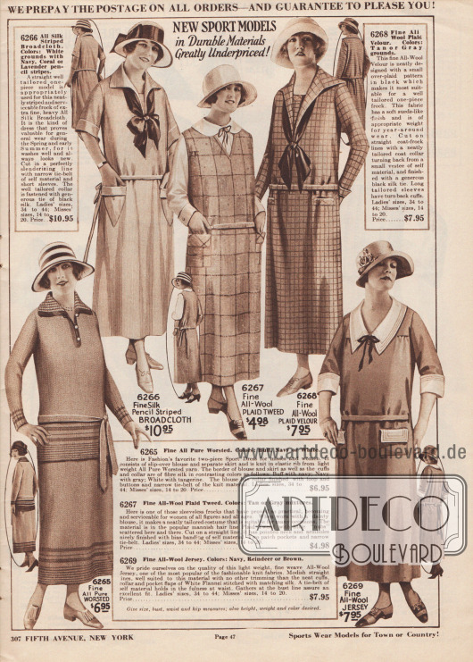 Einfache, sportliche Kleider aus Strickgarn, fein gestreiftem Breitgewebe, Woll-Tweed, Woll-Velours und Woll-Jersey.
Die Sportkleider und Tageskleider besitzen schmale Gürtel und aufgesetzte oder eingearbeitete Taschen. Zwei Kleider zeigen eine zur Schleife gebundene Krawatte im die v-förmigen Ausschnitte.