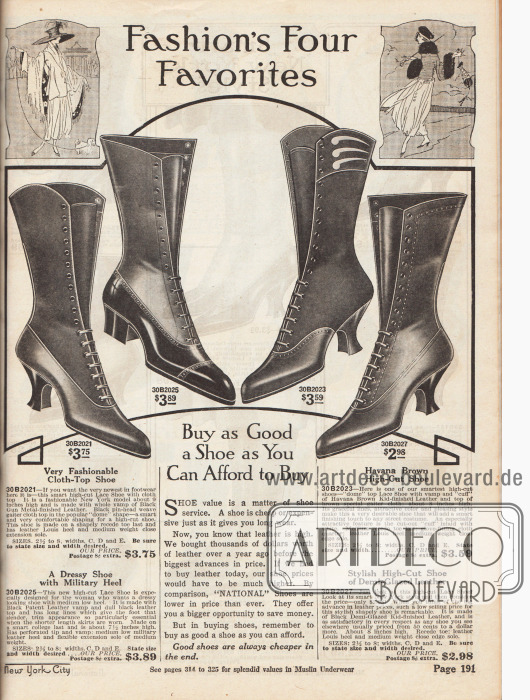 „Die vier Favoriten der Mode“ (engl. „Fashion’s Four Favorites“).
Vier hochgeschlossene Winterstiefel für Frauen aus Lackleder oder Chevreauleder (Ziegenleder). Beim ersten und dritten Modell sind die Schäfte aus Stoff gearbeitet. Drei der Schnürstiefelmodelle zeigen geschwungene Louis XIV Absätze und eines besitzt breite, mittel hohe Militärabsätze. Die Kappen der Schuhe sind spitz geformt, wie es 1917 en vogue ist.
