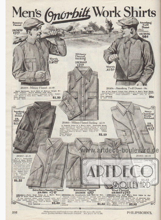 „Onorbilt Arbeitshemden für Herren“ (engl. „Men’s Onorbilt Work Shirts“).
Derbe Arbeitshemden der US-Marke Onorbilt mit aufgesetzten Taschen und verstärkten Doppelnähten aus militärischem Flanell, „Amoskeag Twill Domet“ (Gewebe der Amoskeag Manufacturing Co. in Manchester, New Hampshire, USA), Chambray, „Remanco“ Flanell oder Woll-Flanell. Die Hemden sind mit fest angenähten Kragen ausgestattet.