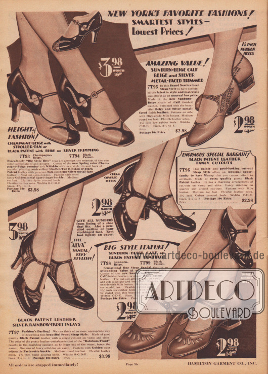 Elegante Damenschuhe, wie Schnallenschuhe und sommerliche Sandalenmodelle, aus schwarzen Lackledern, braun-beigen Kalbsledern oder Chevreauledern (Ziegenleder).
Ornamentale und dekorative Ausstanzungen und Perforationen erzeugen schöne Motive an den verschiedenen Modellen. Verschieden farbige Kombinationen von Ledern ermöglichen schöne Kontraste, wie bei dem extravaganten Schnallenschuh oben links. Die Schuhe sind entweder mit niedrigen Absätzen, mittelhohen Kubanischen Absätzen oder spitzen, hohen Absätzen (engl. „spike heels“) bestellbar.