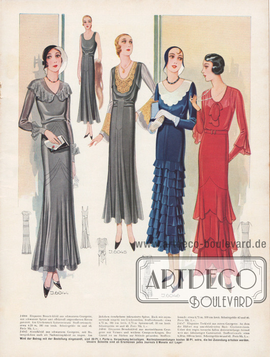 6044: Elegantes Besuchskleid aus schwarzem Georgette, mit schwarzer Spitze und effektvoll angeordneten Biesen garniert. Am Glockenrock Spitzeneinsatz.
6045: Abendkleid aus schwarzem Georgette, mit Bolerojäckchen auch als Nachmittagskleid zu tragen. Am Jäckchen écrufarbene inkrustierte Spitze. Rock mit asymmetrisch eingefügten Glockenteilen.
6046: Elegantes Besuchskleid aus marineblauem Georgette mit Volants und weißem Georgette-Kragen. Der Gürtel ist im Rücken zur Schleife gebunden.
6047: Elegantes Teekleid aus rotem Georgette. An dem die Hüften eng umschließenden Rock Glockenvolants. Über den engen Ärmeln fallen dreiviertellange Ärmel weit aus. Jabotartiger Garniturteil.