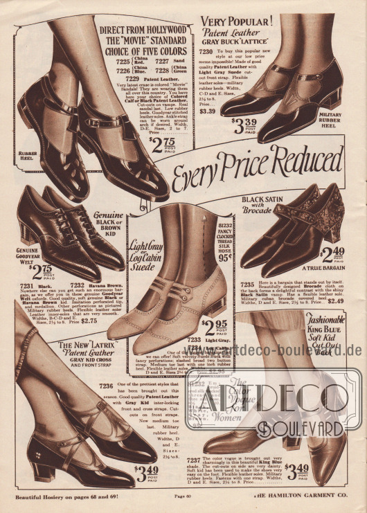 „Alle Preise reduziert in unserem ehrgeizigen Ausverkauf“ (engl. „Every Price Reduced In Our Drive Sale“).
Oxfords, Schnallenschuhe und Sandalen aus Lackleder, rauem Wildleder, Chevreauleder (Ziegenleder) und auch ein Paar aus schwarzem Satin und gemustertem Brokat. Die Schuhe besitzen niedrige oder militärische Absätze. Die Oxfords (Mitte links) sind maschinell gefertigt („Goodyear welt“). Einige Modelle sind mit Perforationen versehen oder zeigen ornamentale Ausstanzungen.