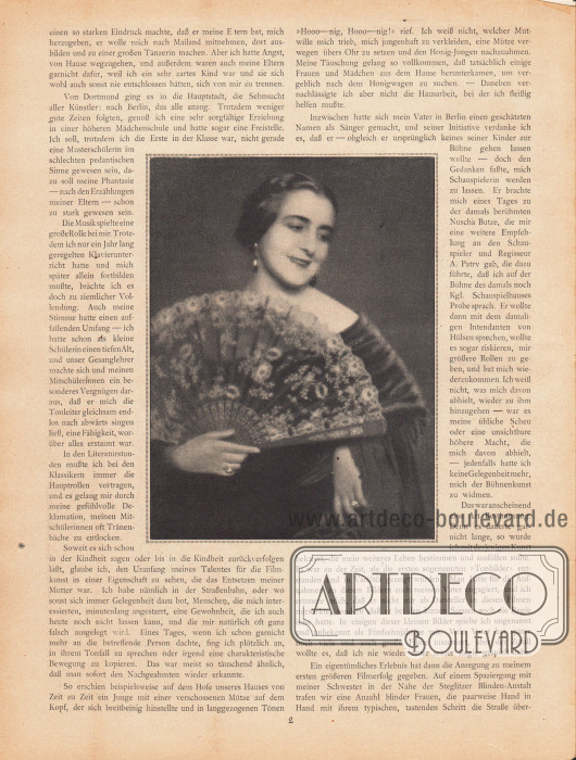 Artikel:
Porten, Henny, Meine Anfänge.
Der Artikel ist um eine große Fotografie der deutschen Stummfilmschauspielerin Henny Porten (1890-1960) ergänzt. Das Bild ist ohne Bilderklärung.
Foto: unbekannt.
