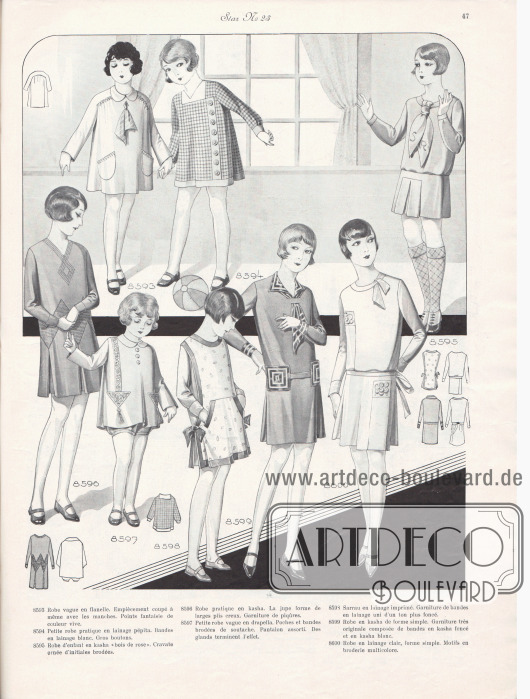 8593: Robe vague en flanelle. Empiècement coupé à même avec les manches. Points fantaisie de couleur vive.
8594: Petite robe pratique en lainage pépita. Bandes en lainage blanc. Gros boutons.
8595: Robe d’enfant en kasha « bois de rose ». Cravate ornée d’initiales brodées.
8596: Robe pratique en kasha. La jupe forme de larges plis creux. Garniture de piqûres.
8597: Petite robe vague en drapella. Poches et bandes brodées de soutache. Pantalon assorti. Des glands terminent l’effet.
8598: Sarrau en lainage imprimé. Garniture de bandes en lainage uni d’un ton plus foncé.
8599: Robe en kasha de forme simple. Garniture très originale composée de bandes en kasha foncée et en kasha blanc.
8600: Robe en lainage clair, forme simple. Motifs en broderie multicolore.