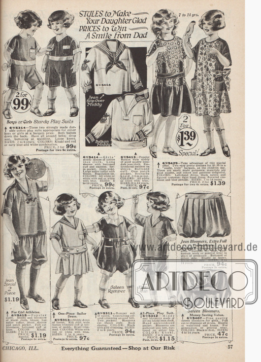 Einteilige Unisex Spielanzüge aus Baumwollstoffen vorrangig für Mädchen, ein Sportkleid mit Kniebundhose aus Khaki Stoff, zwei Kleidern zusammen für 1,39 Dollar für Mädchen von sieben bis 14 Jahren, zwei Pumphöschen aus Jeansstoff und Satin und zwei Blusen im Matrosenstil aus Baumwolle.