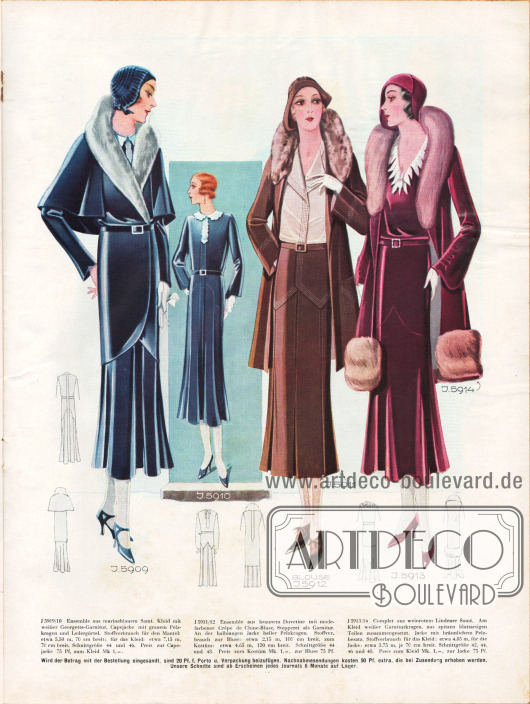 5909/10: Ensemble aus marineblauem Samt. Kleid mit weißer Georgette-Garnitur, Capejacke mit grauem Pelzkragen und Ledergürtel.
5911/12: Ensemble aus braunem Duvetine mit modefarbener Crêpe de Chine-Bluse, Stepperei als Garnitur. An der halblangen Jacke heller Pelzkragen.
5913/14: Complet aus weinrotem Lindener Samt. Am Kleid weißer Garniturkragen, aus spitzen blattartigen Teilen zusammengesetzt. Jacke mit bräunlichem Pelzbesatz.