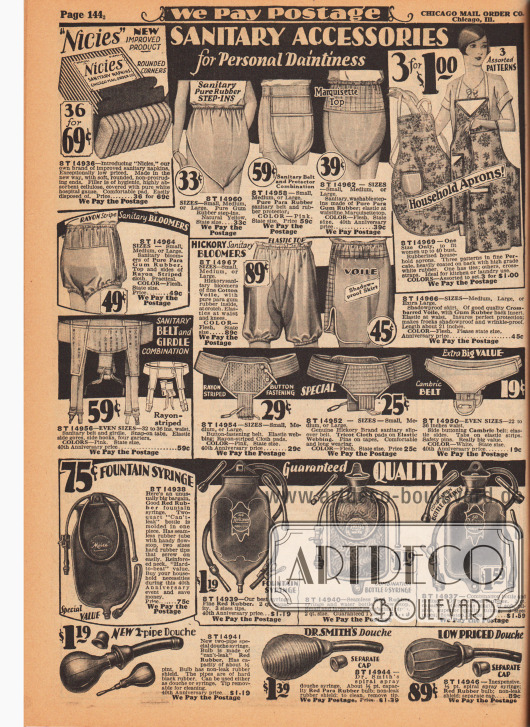 „Hygieneartikel für die persönliche Anmutigkeit“ (engl. „Sanitary Accessories for Personal Daintiness“).
Auf der Seite werden Damenbinden der Marke Nicies (engl. „sanitary napkins“), Gummihöschen und Gummischlüpfer, Haushaltsschürzen, Bindengürtel (Hygienegurte) aus elastischem Material, Klistiere, Klistierspritzen, Klistieraufsätze, Wärmflaschen aus Gummi sowie Vaginal- und Scheidenduschen verkauft.