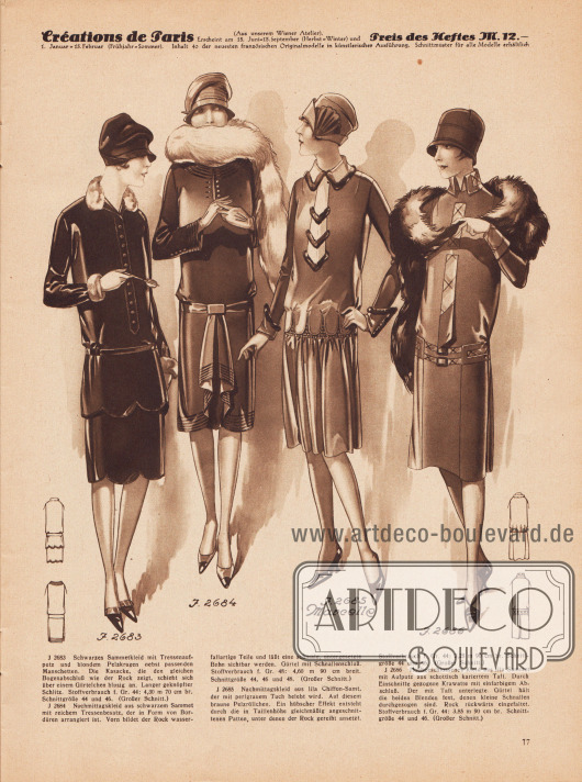 Zwei Nachmittagskleider aus schwarzem Samt, ein Kleid aus lila Chiffon-Samt sowie ein Kleid aus lila Samt.
Das erste Kleid zeigt Tressenaufputz, eine Knopfleiste in der Front und schmalen Pelzbesatz an Kragen und Ärmelaufschlägen. Das zweite Modell wird ebenso von Tressen geziert und präsentiert an der Vorderseite des Rockes ein wasserfallartiges Arrangement. Pelzröllchen zieren Kragen, Einsatz und Ärmelaufschläge des dritten Kleides. Über dem gereihten Rock legen sich angeschnittene Patten. Das vierte Modell zeigt eine durch das Kleid geführte Krawatte aus Taft, das auch an Kragen und Gürtellinie zum Einsatz kommt.