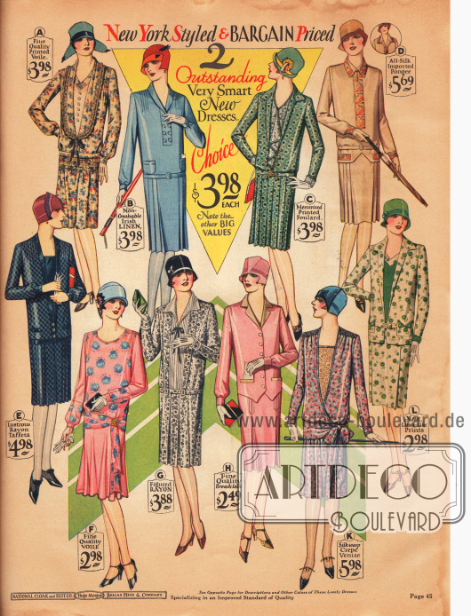 Einfache und schlichte Straßen- und Haushaltskleider aus bedrucktem Schleierstoff, irischem Leinen, merzerisiertem und bedrucktem Foulard, importiertem Seidengewebe, glänzendem Rayon-Taft, gemustertem Rayon, Breitgewebe, Seiden-Baumwoll-Krepp und leinenartiger Baumwolle.