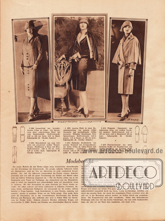 Artikel:
O. V., Modebericht.
2271: Einfaches Straßenkleid aus grünem Wollstoff mit hochgeschlossener heller Crêpe de Chine-Weste und Hornknöpfen. Lackgürtel.
2272: Eleganter Capemantel aus schwarzem Atlas, mit weißem Kaschmir garniert.
2273: Pelerinenmantel aus sandfarbenem Kasha mit Knopfgarnitur und leichter Stickerei am Kragen.
Fotos: Press-Photo.