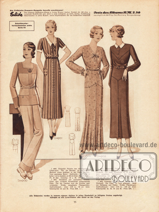 4900: Pyjama aus zitronengelbem Crêpe Satin. Für die Blenden ist das gleiche Material etwas kräftiger in der Farbe gewählt.
4901: Hauskleid aus gestreiftem Flanell. Unter dem vorderen Knopfschluss ausspringende Falte. Weiße, ausgebogte Pikeegarnitur.
4902: Pyjama aus gemusterter Waschseide. Unten sehr weit ausfallendes Rockbeinkleid. Die lange Schoßjacke ist an den Rändern ausgebogt und mit einem Bindegürtel versehen.
4903: Hauskleid aus mittelfarbigem Wollstoff. Die Passe ist vorn geknöpft. Weißer Pikeekragen.