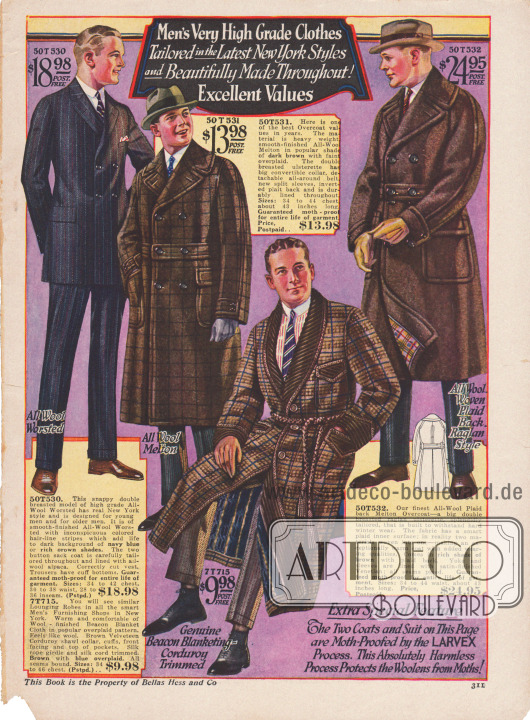 Morgenmantel, zweireihige Ulstermäntel und ein doppelreihiger Anzug in der Modelinie des Jahres 1923.