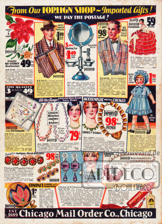 Rückseite des Kataloges mit günstigen Schnäppchen (Importware) aus Europa. Unter den Angeboten sind Ansteckblumen aus Stoff, fein gemusterte Herrenschals aus Rayon und Woll-Flanell, ein Rasierset mit Spiegel für Männer, eine Porzellan- und eine Spielzeugpuppe für Mädchen, Stofftaschentücher aus der Schweiz, Ketten und Ohrringe (Modeschmuck), Gesichtspuder und ein torpedoartig geformter Parfümflakon.