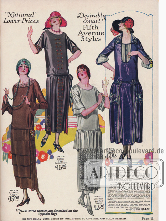 Kleider mit geradlinigem Schnitt. Auch Stilkleider sind 1924 noch sehr modern (Kleid rechts außen).