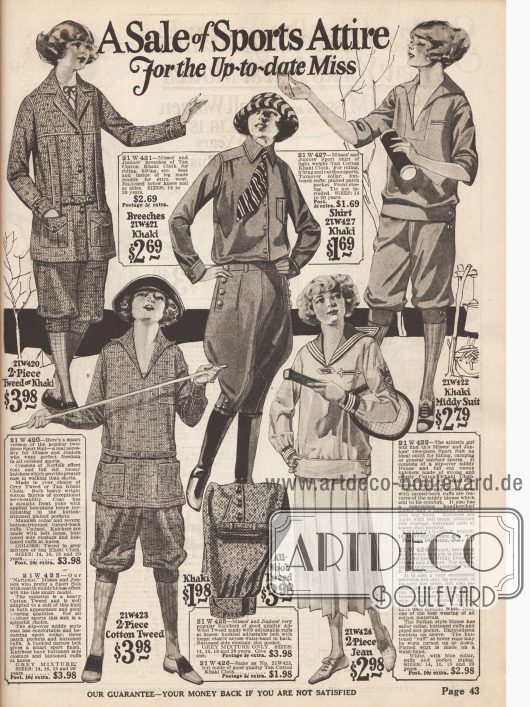 „Ein Verkauf von Sportkleidung für die moderne junge Frau“
2-teilige Sportanzüge aus Kakistoff und Tweed werden hier angeboten. Diese bestehen aus einer Knickerbockerhose und einer Jacke, die auch im Norfolk-Stil gehalten sein kann (oben links). In der Mitte wird ein Reitanzug gezeigt, der aus einem Sporthemd und Breeches besteht. Ein Tenniskleid ist unten rechts.