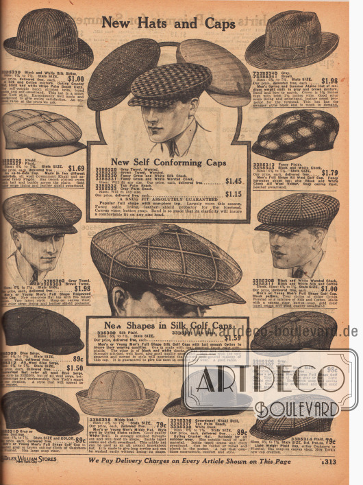 „Neue Hüte und Mützen“ (engl. „New Hats and Caps“).
Sommermützen und Hüte, Schiebermützen, Golfmützen und Matrosenmützen aus „Palm Beach Cloth“ (günstiger Mischstoff aus Angorawolle und Baumwolle oder Leinen), Tweed, karierter Seide, Woll-Serge, leichten und luftdurchlässigen Baumwollgeweben oder verschiedenen Baumwoll-Woll-Mischgeweben für Herren.
Oben rechts ein alpiner Sommerhut und in der Mitte links eine Schiebermütze im „Full Shape Ridgewood Style“ für junge Männer.