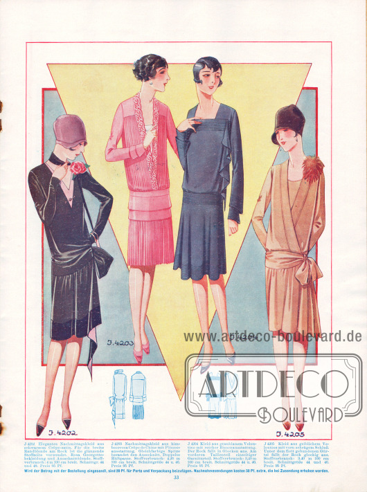 4202: Elegantes Nachmittagskleid aus schwarzem Crêpe Satin. Für die breite Randblende am Rock ist die glänzende Stoffseite verwendet. Rosa Georgettebekleidung und Ausschnittblende.
4203: Nachmittagskleid aus himbeerrosa Crêpe de Chine mit Plisseeausstattung. Gleichfarbige Spitze berandet den Ausschnitt. Doppelte Hüftpasse.
4204: Kleid aus graublauem Veloutine mit reicher Biesenausstattung. Der Rock fällt in Glocken aus. Am vorderen Taillenteil einseitiger Garniturteil.
4205: Kleid aus gelblichem Veloutine mit vorn schrägem Schluss. Unter dem flott gebundenen Gürtel fällt der Rock glockig aus.