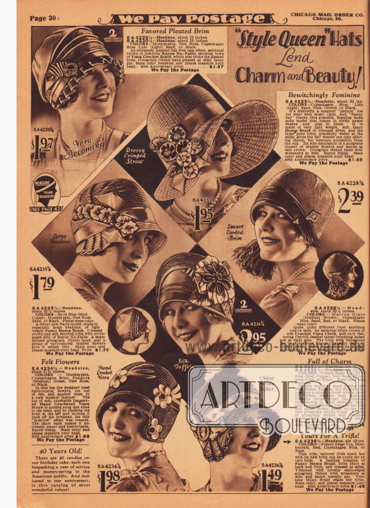 „‚Style Queen‘ Hüte verleihen Charme und Schönheit“ (engl. „‚Style Queen‘ Hats Lend Charm and Beauty!“).
Damenhüte für den Sommer aus Rayon Faille und gehäkeltem und teilweise importiertem Visca-Stroh, Hanfgeflecht, Pedaline-Stroh, Mailänder-Stroh (engl. „Milan Braid“) sowie Seiden-Faille-Taft. Fantasievolle Hutnadeln mit Strass, Ripsbänder, Bouquets aus Kunstblüten und Blättern, übergroße Blüten aus Plüsch, große Quasten aus Straußenfedern und Bänder aus matt glänzendem Rayon-Satin fungieren als Aufputz für die Hüte. Ein Damenhut mit breiter Krempe.