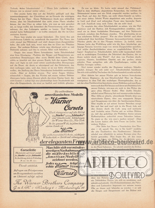 Artikel:
Reuter, Gabriele (1859-1941), Der kleine Chorist.
Werbung:
„Die weltberühmten amerikanischen Modelle der Warner Corsets“, The Warner Brothers Company G. m. b. H., Hamburg 6, Merkurstraße 35.
