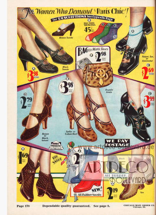 Pumps, Oxfords, Schnallenschuhe sowie ein Stiefelettenpaar aus Kalbsleder, Lackleder, Samt-Moiré und Reptilienleder. Das Paar mit der Reptilienledernarbung in der Mitte wird auch gleichzeitige mit der passenden Handtasche geliefert. Ausstanzungen und Perforationen zieren vor allem die Modelle (A) und (G).
Unten werden außerdem drei Paare Galoschen (Überschuhe) für regnerische Tage aus imprägniertem Tweed und Gummi angeboten. Modell (K) besitzt einen Reißverschluss.