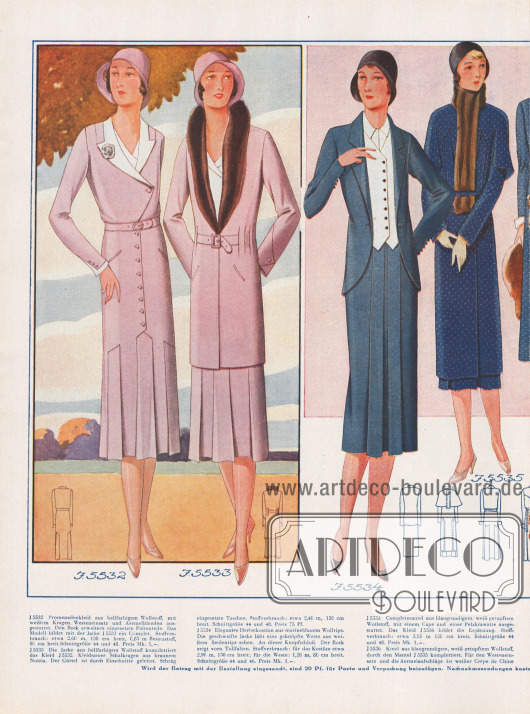 Doppelseite mit herbstlichen Kleidern, Jacken, Mänteln und Kostümen.
V.l.n.r.: Promenadenkleid und eine mit Nutria (Bieberratte) besetzte Jacke aus Wollstoff.
Herbstkostüm aus marineblauem Wollrips mit geschweifter Jacke, Weste aus Seidenrips und einem Rock mit Tollfalten.
Completmantel aus Wollstoff mit Cape und Pelzkrawatte, der das folgende Kleid aus gleichem Stoff komplettiert.
Kleid und passender Mantel aus Tweed. Ziersteppereien krönen den Mantel.
Kleid aus fein gestreiftem Wollstoff mit abgestuftem Tressenbesatz. Der dazu harmonierende Tuchmantel wird von einem Schalkragen aus Kaninchen aufgewertet.