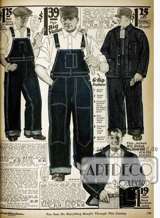 Doppelseite Arbeitskleidung wie Arbeitsoveralls und Jacken aus Jeansstoff mit verstärkten Nähten.