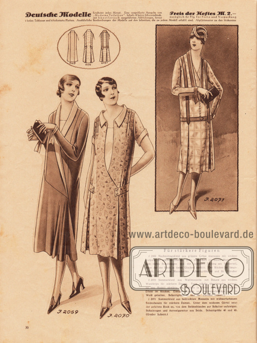 „Für stärkere Figuren“.
2069: Nachmittagskleid aus grünem Crêpe Marocain mit weißem Aufputz für stärkere Damen. Sehr vorteilhaft ist dieses Modell mit dem tiefen Schalkragen und der schrägen Teilung am Vorderteil, unter der der Rock in tiefen Glocken ausfällt. Der Rücken ist längsgeteilt. Abstehende Manschetten.
2070: Sommerkleid aus Wollmusselin mit Besatz aus weißem Waschrips für stärkere Damen. Vorn schräg übereinander tretend, ist das Modell abwärts des Gürtels in Falten arrangiert. Gleicher Effekt im Rücken. Einsatz, Kragen und Ärmelaufschläge sind in Weiß gehalten.
2071: Sommerkleid aus bedrucktem Musselin mit erdbeerfarbenem Seidenbesatz für stärkere Damen. Unter dem seidenen Gürtel setzt der gefaltete Rock an, von dem Seidenblenden zur Schulter aufsteigen. Schalkragen und Ärmelgarnitur aus Seide.