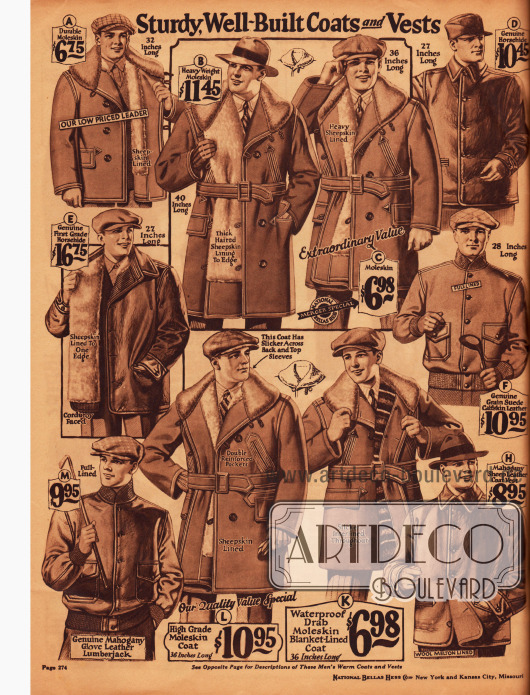 Lederjacken, Holzfällerjacken (hochgeschlosse Jacken mit gestrickten Ärmelaufschlägen und Hüftband) und „Mackinaw Jackets“ (kurze Mäntel mit doppelter Knopfreihe, Gürtel und Kragen mit Schafspelzbesatz) aus „moleskin“ (ein robuster Baumwollstoff, der auch Englischleder genannt wird).