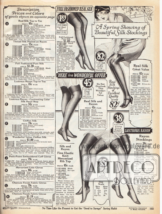 Links sind die ausführlichen Beschreibungen für die Artikel auf der gegenüberliegenden Farbseite 102.
Rechts werden Damenstrümpfe aus reinen Seidengeweben (82 Cent bis 1,89 Dollar), Rayon-Seiden-Mischgeweben (45 bis 85 Cent) und schimmerndem Rayon angeboten (38 Cent).