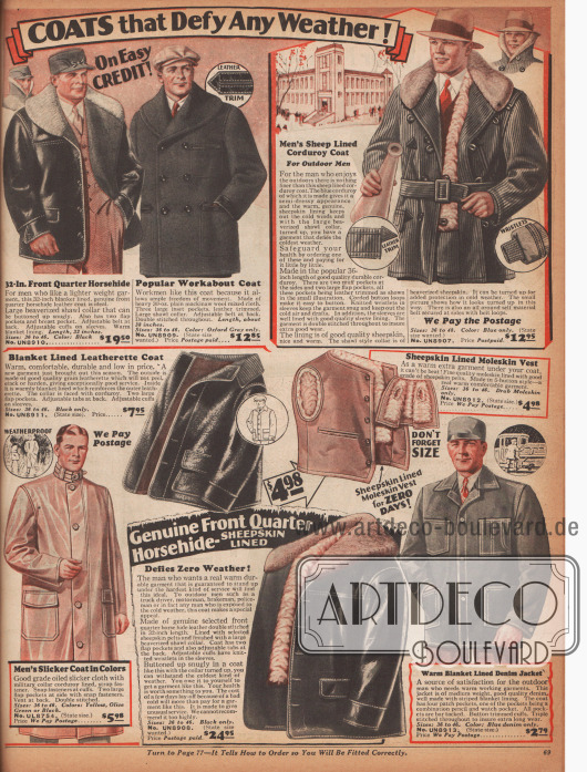 Doppelseite mit warmen Jacken, Regenmänteln, einer Lumber Jacket (Holzfällerjacke) einem Blouson aus Wildleder und einer mit Schafsfell gefütterten Weste. Die Materialien der Jacken sind Leder, Englischleder (engl.: „moleskin“), Kord oder Jeansstoff (Baumwolle). Vier der Jacken sind sogenannte „Mackinaw Jackets“, die sich durch ihre breiten Kragen, doppelten Knopfleisten und einem dicken Gürtel auszeichnen.