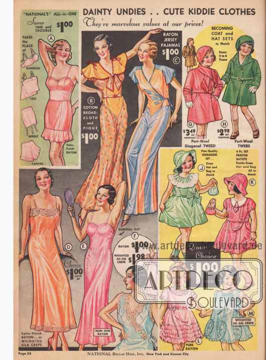 Unterkleider, Unterwäsche und Pyjamas für Frauen und Kleidchen für Mädchen.