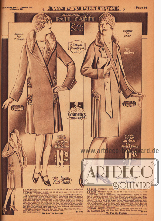 Zwei Damenmäntel für das Frühjahr, die vom Pariser Designer Paul Carét zur Frühjahrkollektion von Chicago Mail Order beigesteuert wurden. Die Mäntel sind aus Woll-Velours-Breitgewebe und Poiret-Wolle. Als Kragenbesatz dienen bei beiden Modellen Kaninchenfell (Sommerfell). Beides fotografische Abbildungen.
Das linke Modell wurde mit Falten werfenden, seitlichen Stoffeinsätzen am Saum erweitert. Dekorative Stickereien und unauffällige Biesen schmücken den Mantel. Ein seitlicher Plisseeeinsatz mit hübschen Stickereien darüber sowie zwei Bänder aus glänzendem Seiden-Charmeuse sind die modischen Noten des rechten Frühjahrsmantels.