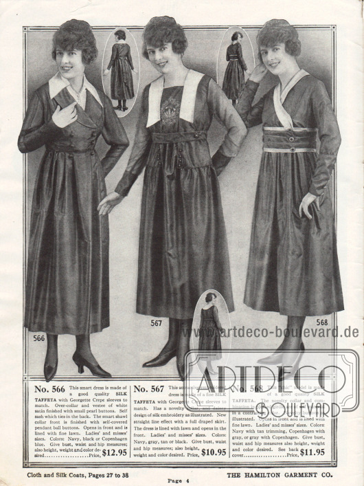 Drei Kleidermodelle für Damen aus Seiden-Taft im mittleren Preissegment.
Alle Kleider zeigen eine farblich abstechende Kragengarnitur in Weiß und einzelne Reihen mit Zierknöpfen. Das mittlere Modell präsentiert des Weiteren eine zurückhaltende Stickerei auf der Brust.