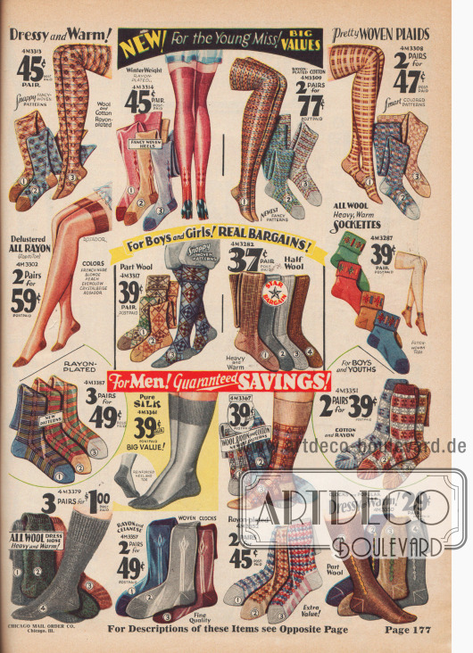 Warme Socken und Strümpfe in verschiedenen Designs aus Seide, Wolle, Baumwolle und Celanese.